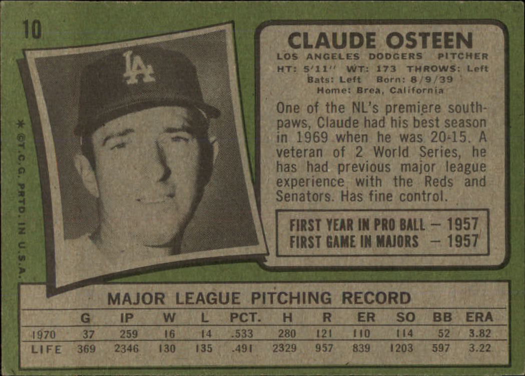 1971 Topps #10 Claude Osteen back image