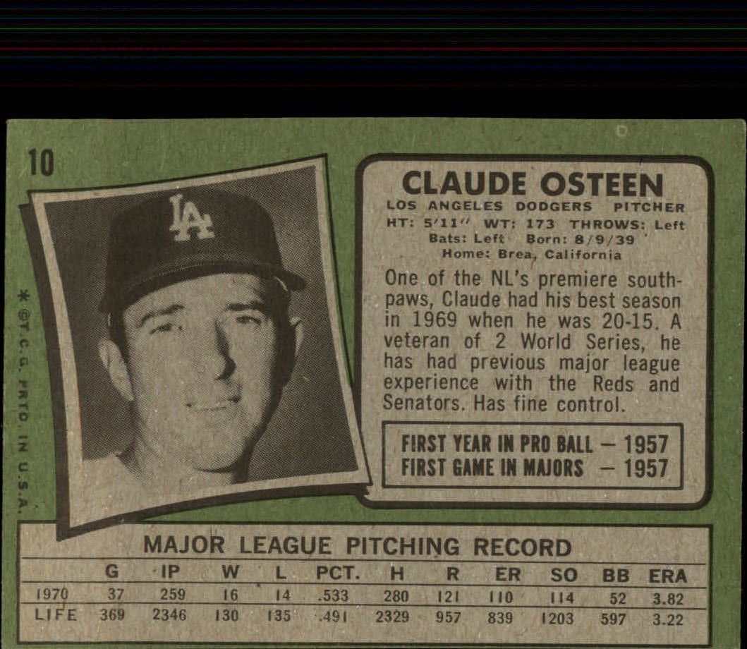 1971 Topps #10 Claude Osteen back image