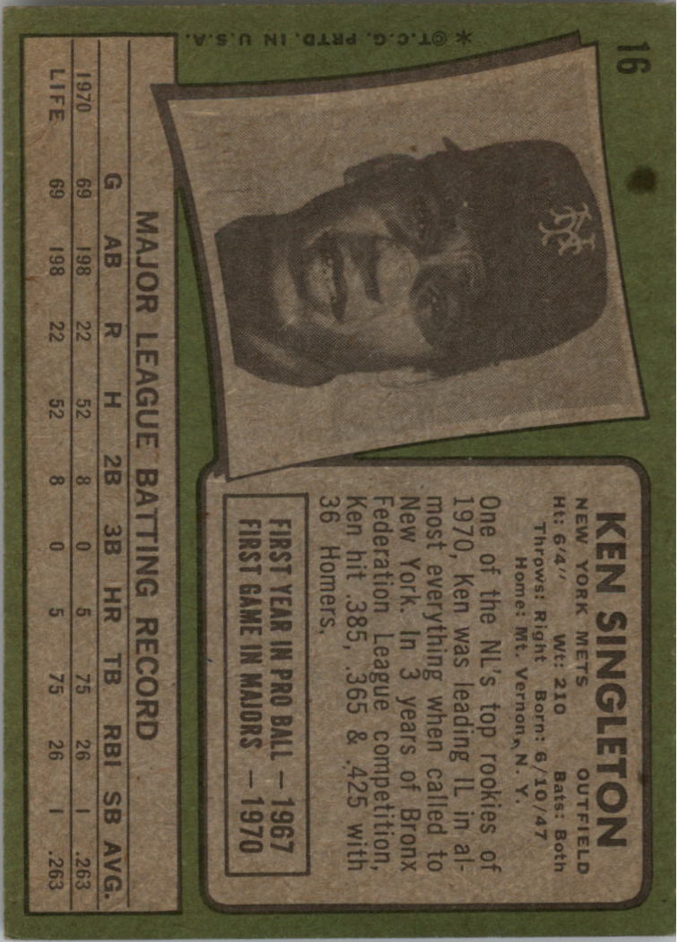 1971 Topps #16 Ken Singleton RC back image