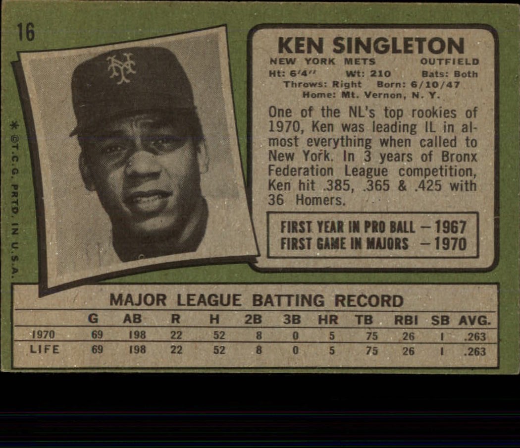 1971 Topps #16 Ken Singleton RC back image