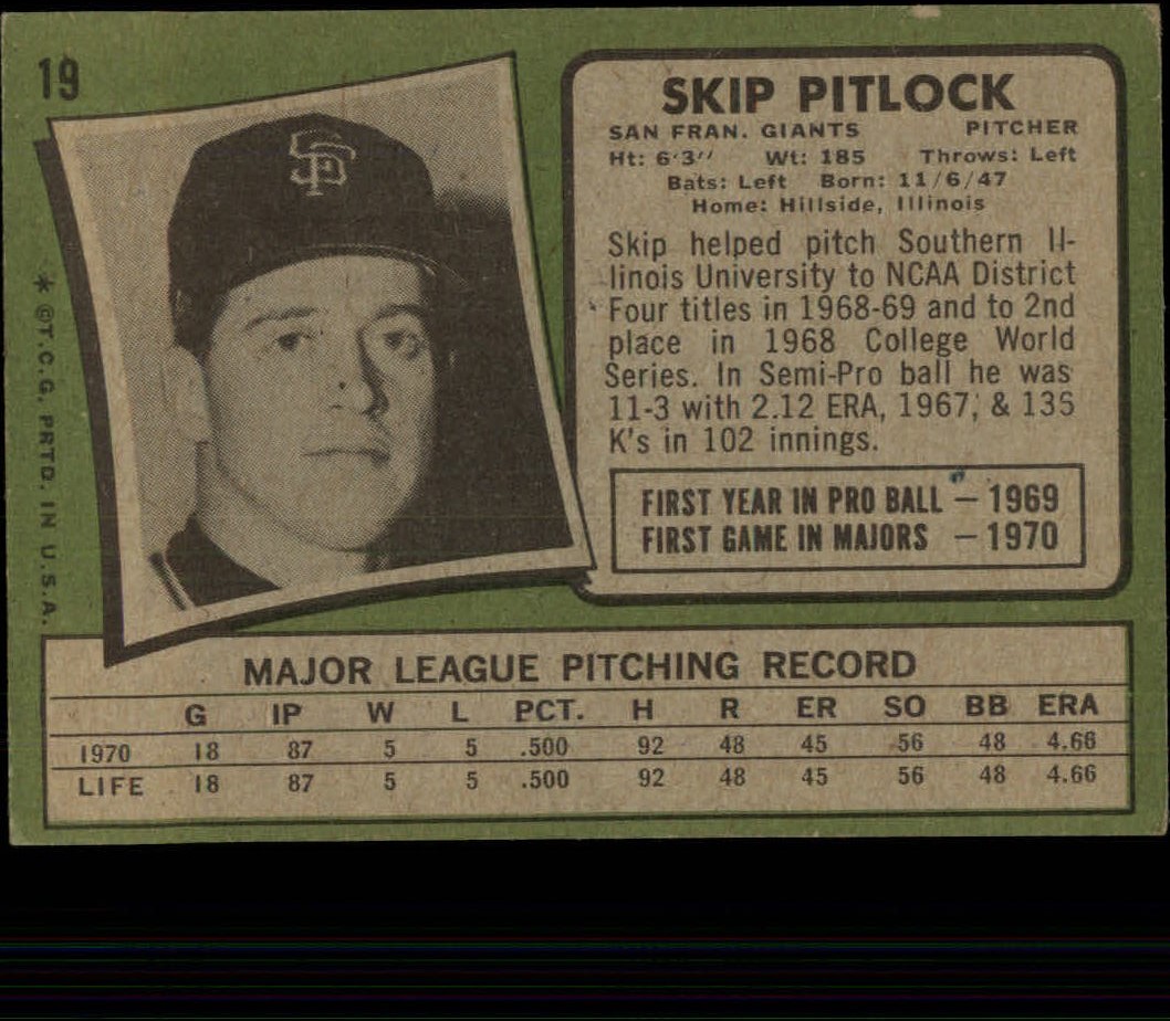 1971 Topps #19 Skip Pitlock RC back image