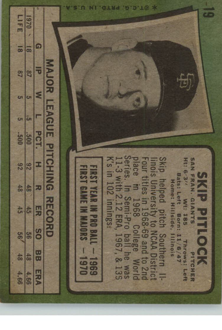 1971 Topps #19 Skip Pitlock RC back image