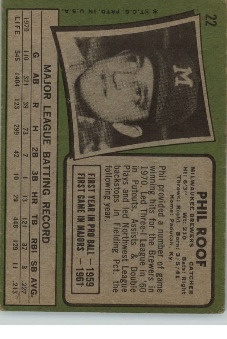 1971 Topps #22 Phil Roof back image