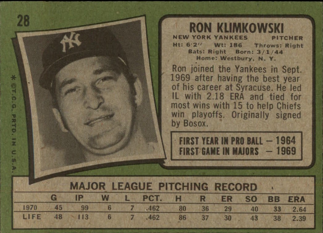 1971 Topps #28 Ron Klimkowski back image