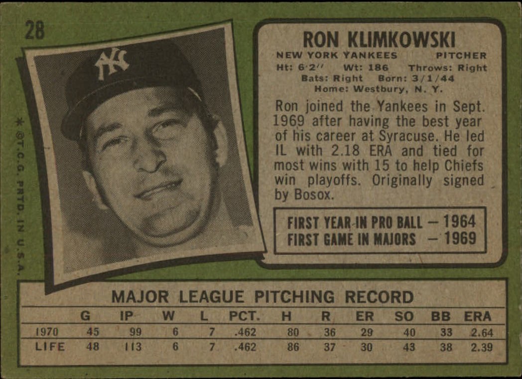 1971 Topps #28 Ron Klimkowski back image