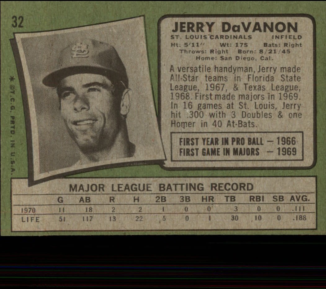 1971 Topps #32 Jerry DaVanon back image