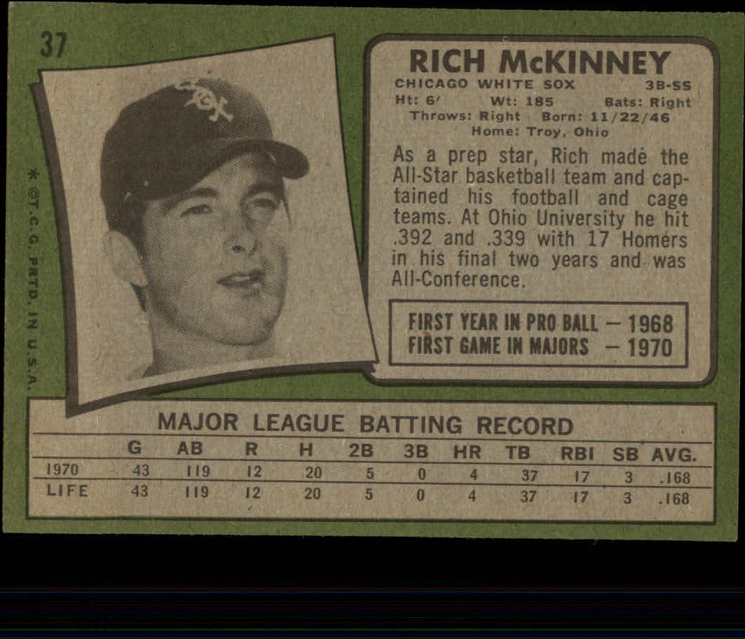 1971 Topps #37 Rich McKinney RC back image