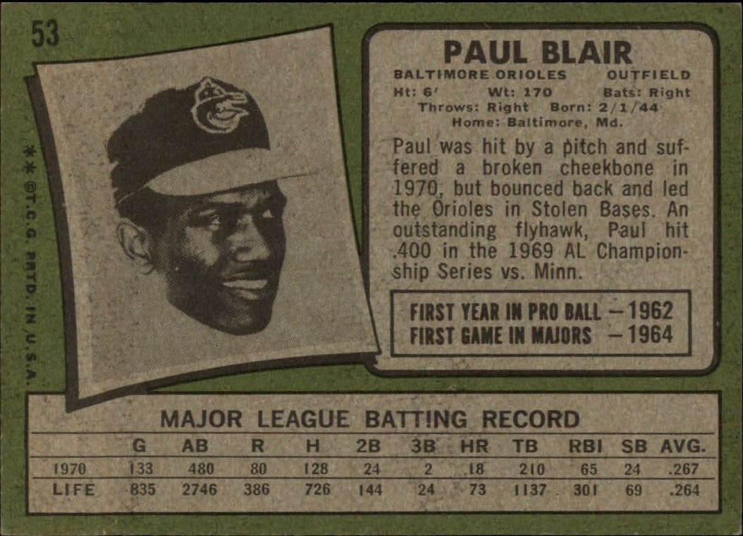 1971 Topps #53 Paul Blair - EX - Card Shack | Beckett Marketplace