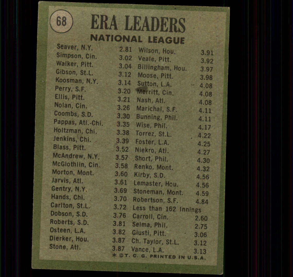1971 Topps #68 NL ERA Leaders/Tom Seaver/Wayne Simpson/Luke Walker back image