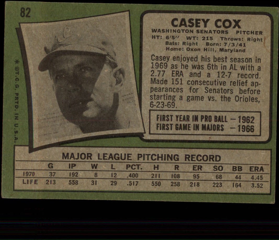 1971 Topps #82 Casey Cox back image
