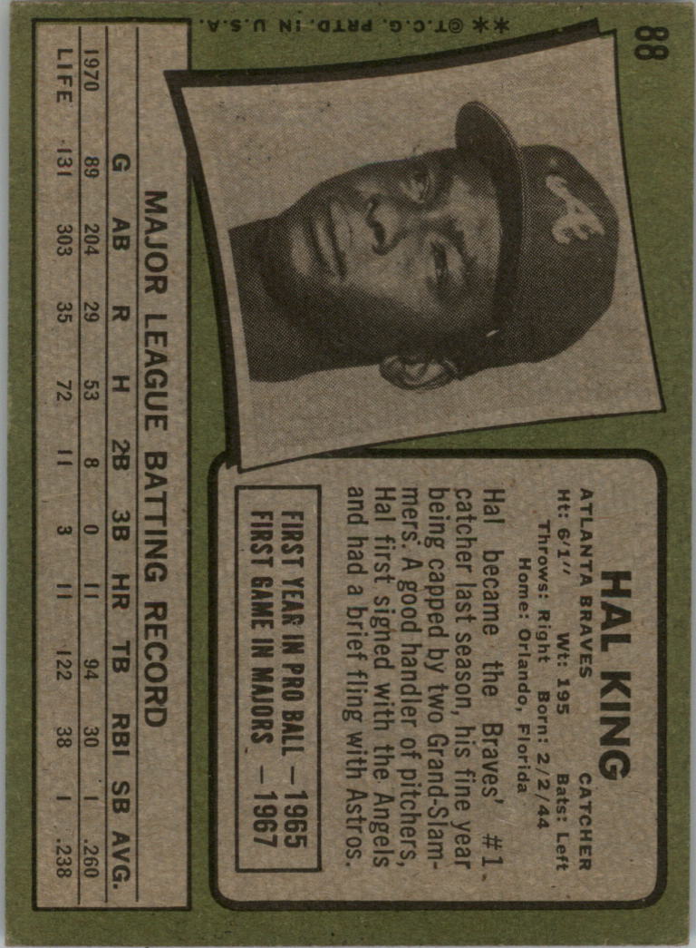 1971 Topps #88 Hal King back image