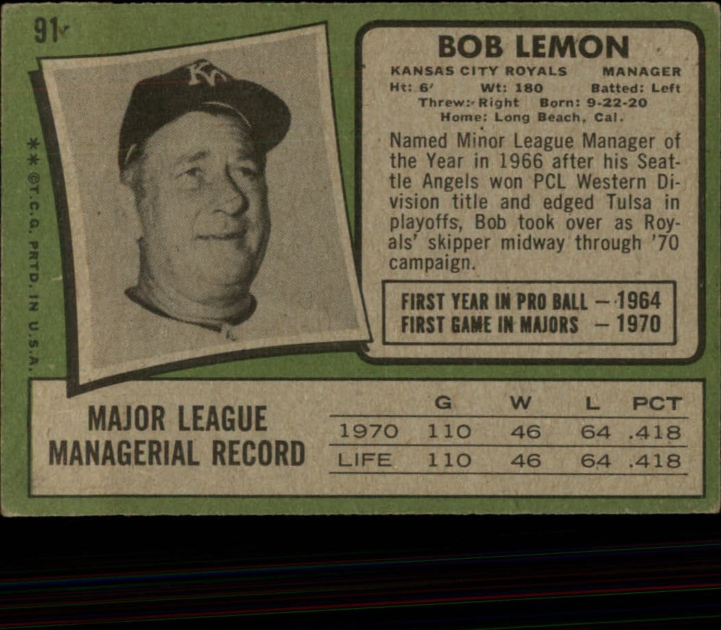1971 Topps #91 Bob Lemon MG back image