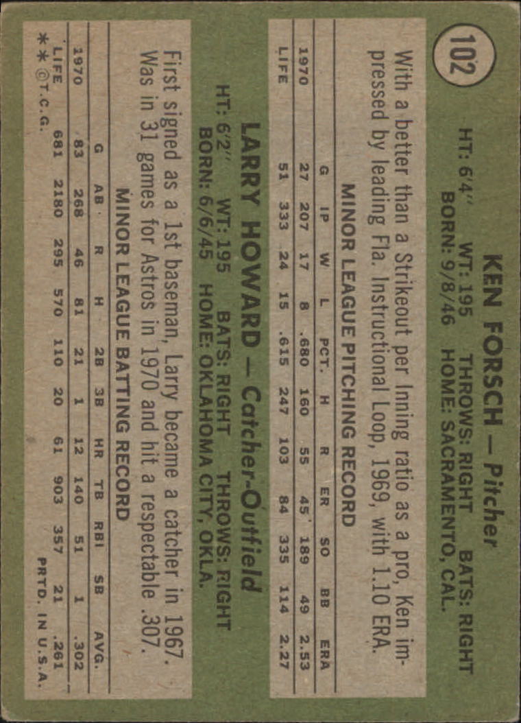 1971 Topps #102 Rookie Stars/Ken Forsch RC/Larry Howard RC back image