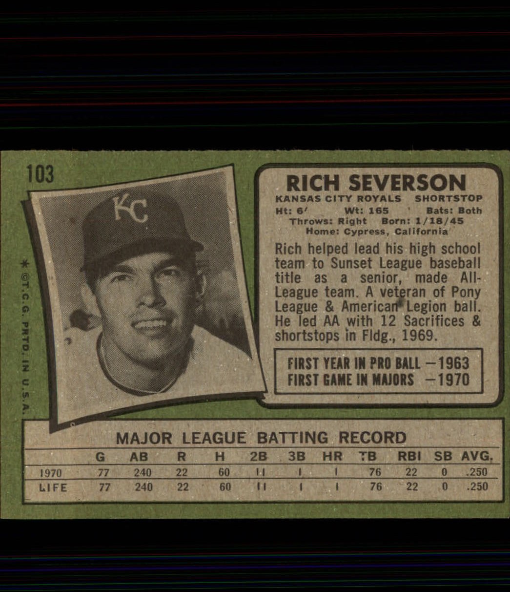 1971 Topps #103 Rich Severson RC back image