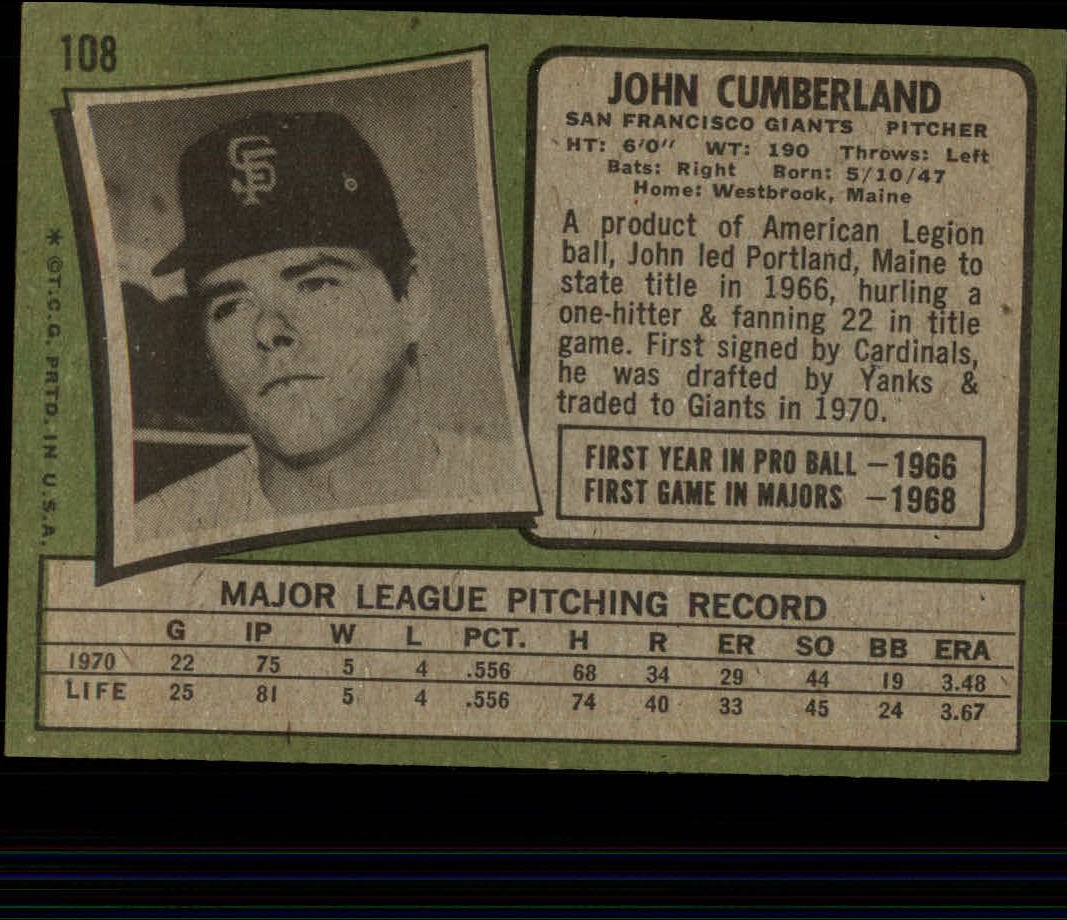 1971 Topps #108 John Cumberland back image
