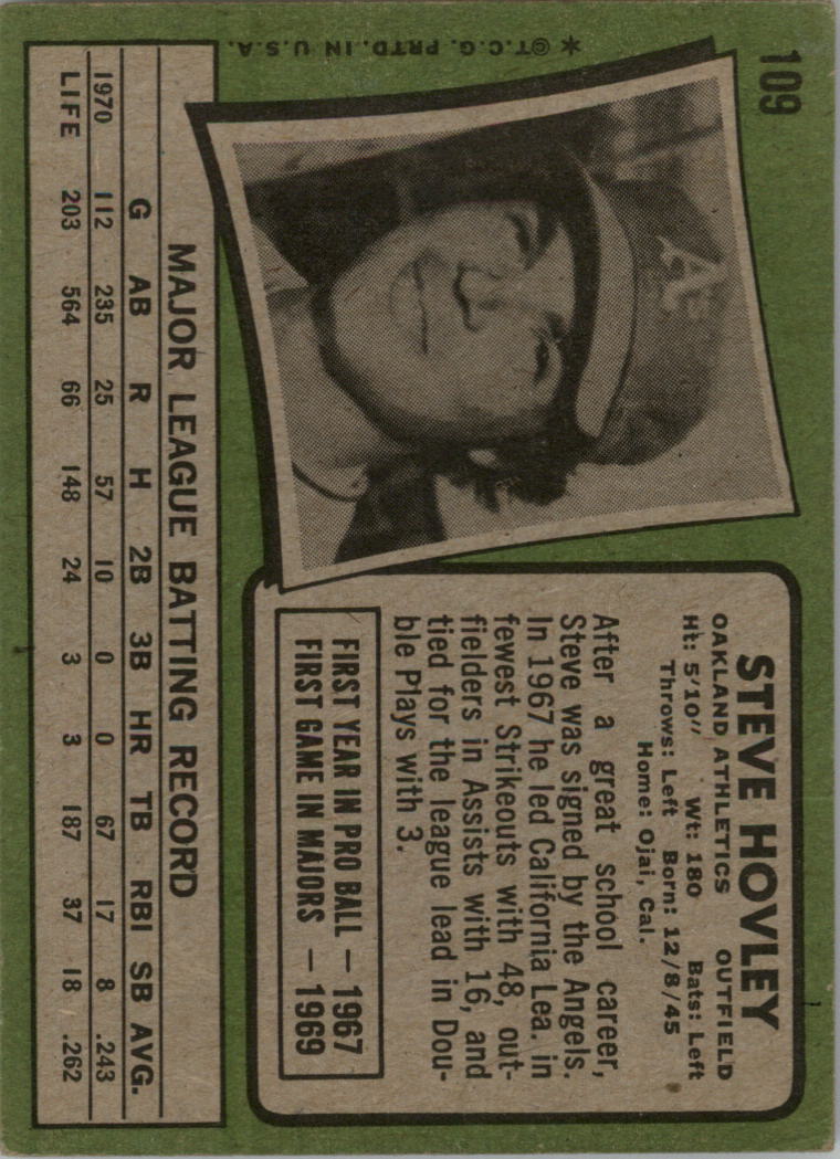 1971 Topps #109 Steve Hovley back image