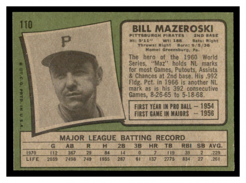 1971 Topps #110 Bill Mazeroski back image