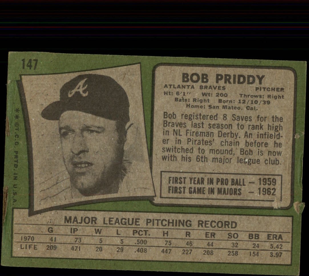 1971 Topps #147 Bob Priddy back image