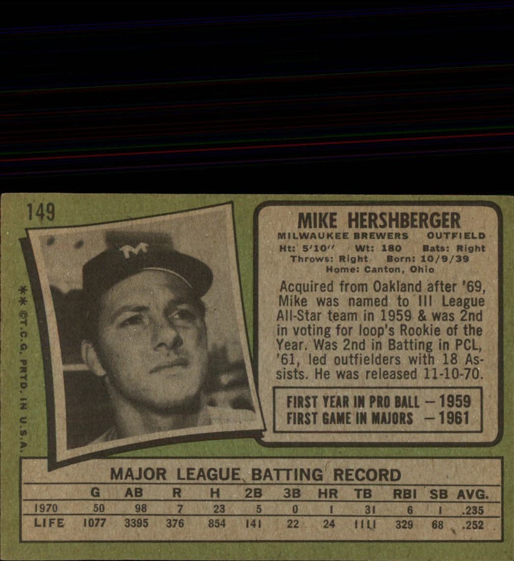 1971 Topps #149 Mike Hershberger back image