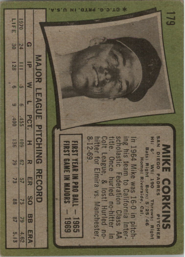 1971 Topps #179 Mike Corkins back image