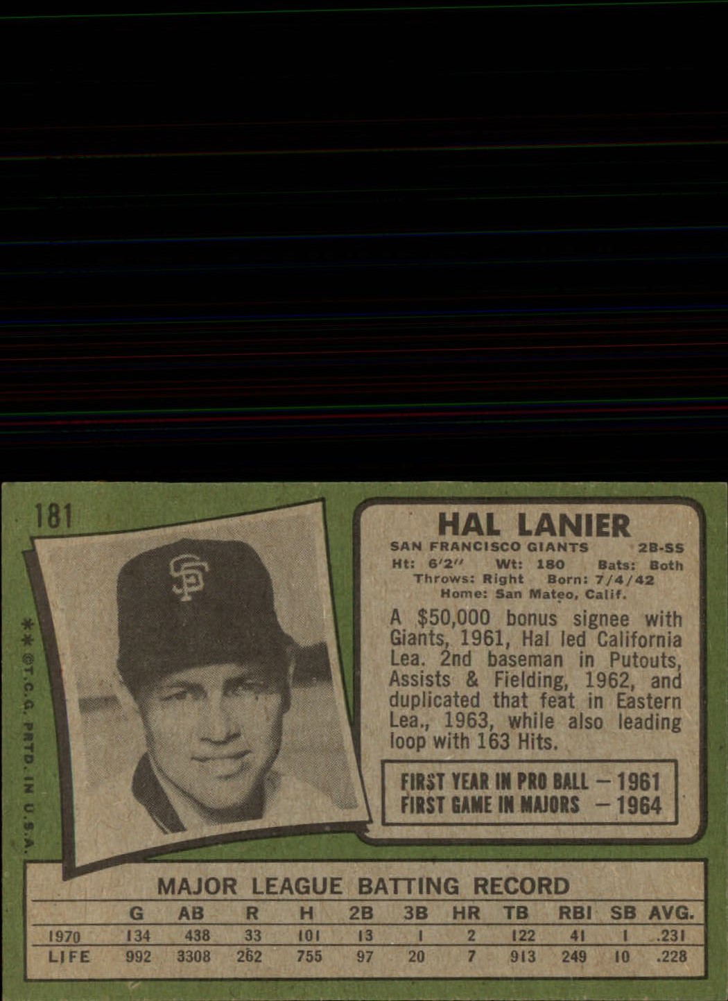 1971 Topps #181 Hal Lanier back image