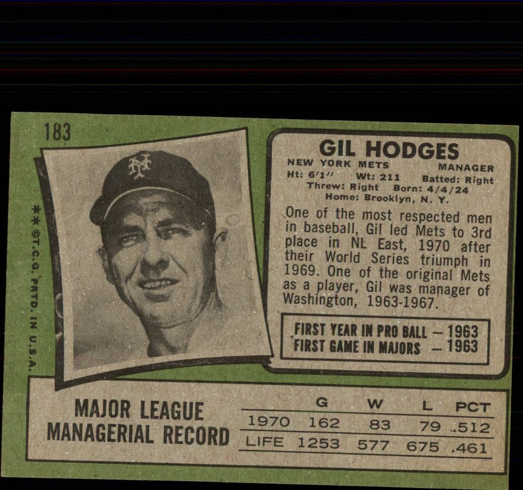 1971 Topps #183 Gil Hodges MG back image
