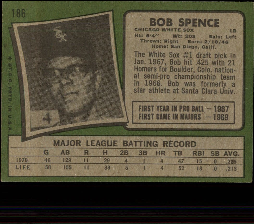 1971 Topps #186 Bob Spence RC - VG-EX