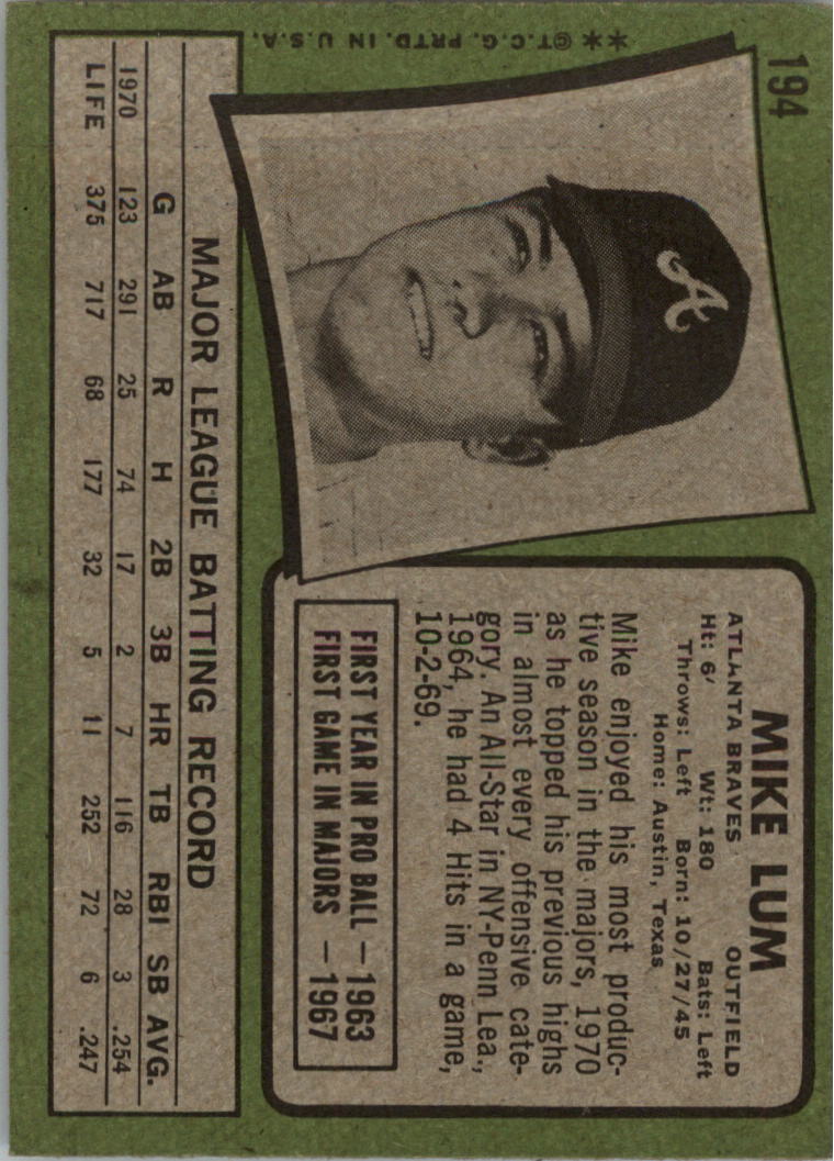 1971 Topps #194 Mike Lum back image