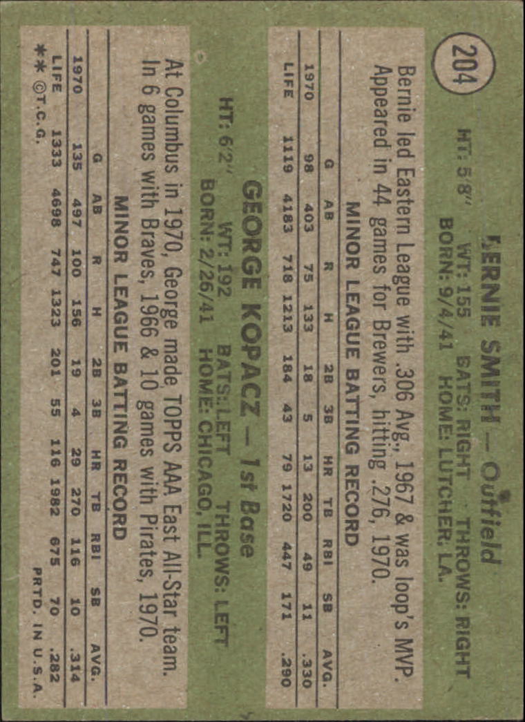 1971 Topps #204 Rookie Stars/Bernie Smith RC/George Kopacz RC back image