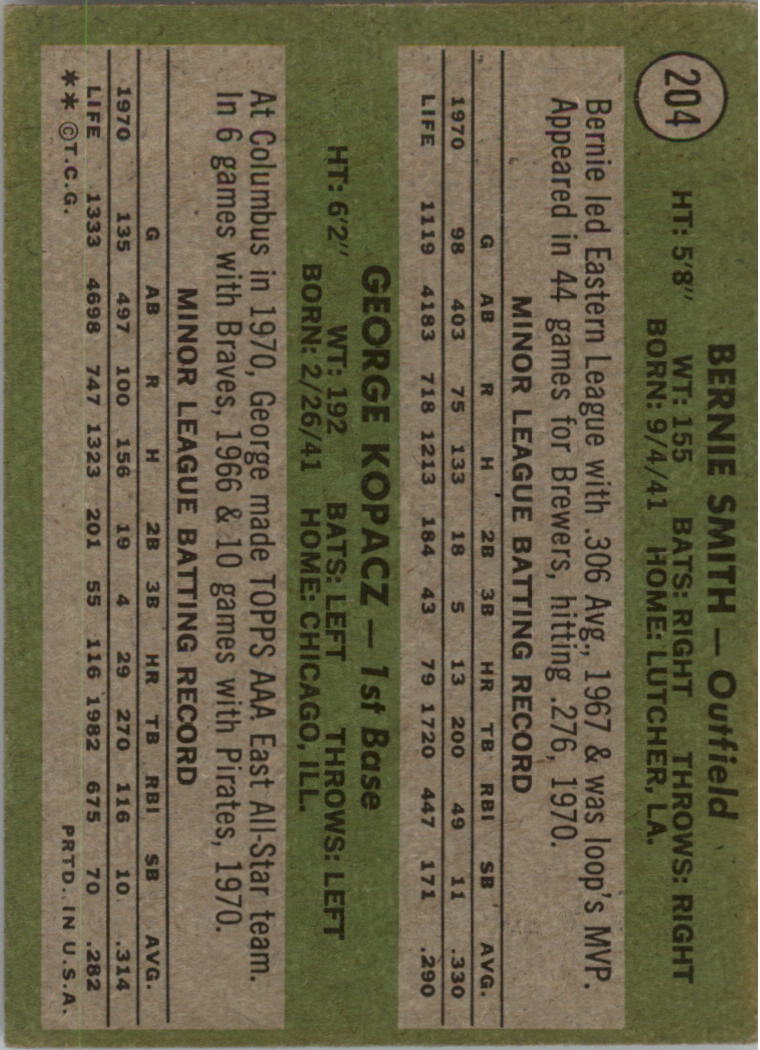 1971 Topps #204 Rookie Stars/Bernie Smith RC/George Kopacz RC back image