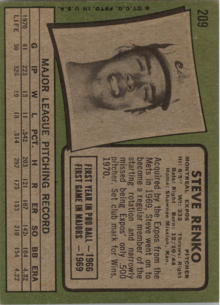1971 Topps #209 Steve Renko back image