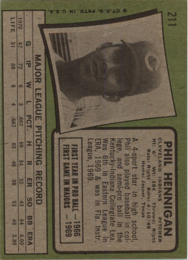 1971 Topps #211 Phil Hennigan RC back image