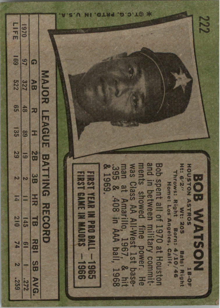 1971 Topps #222 Bob Watson back image