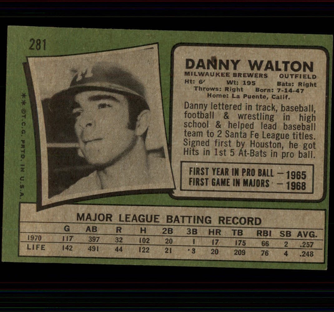 1971 Topps #281 Danny Walton back image