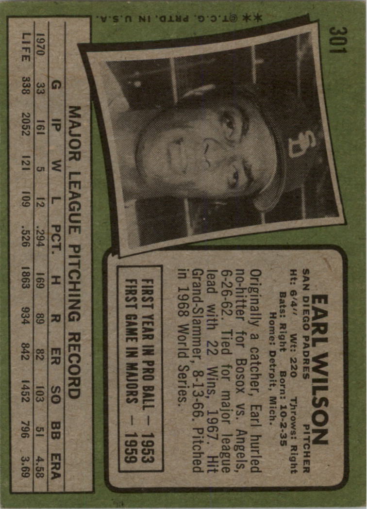 1971 Topps #301 Earl Wilson back image