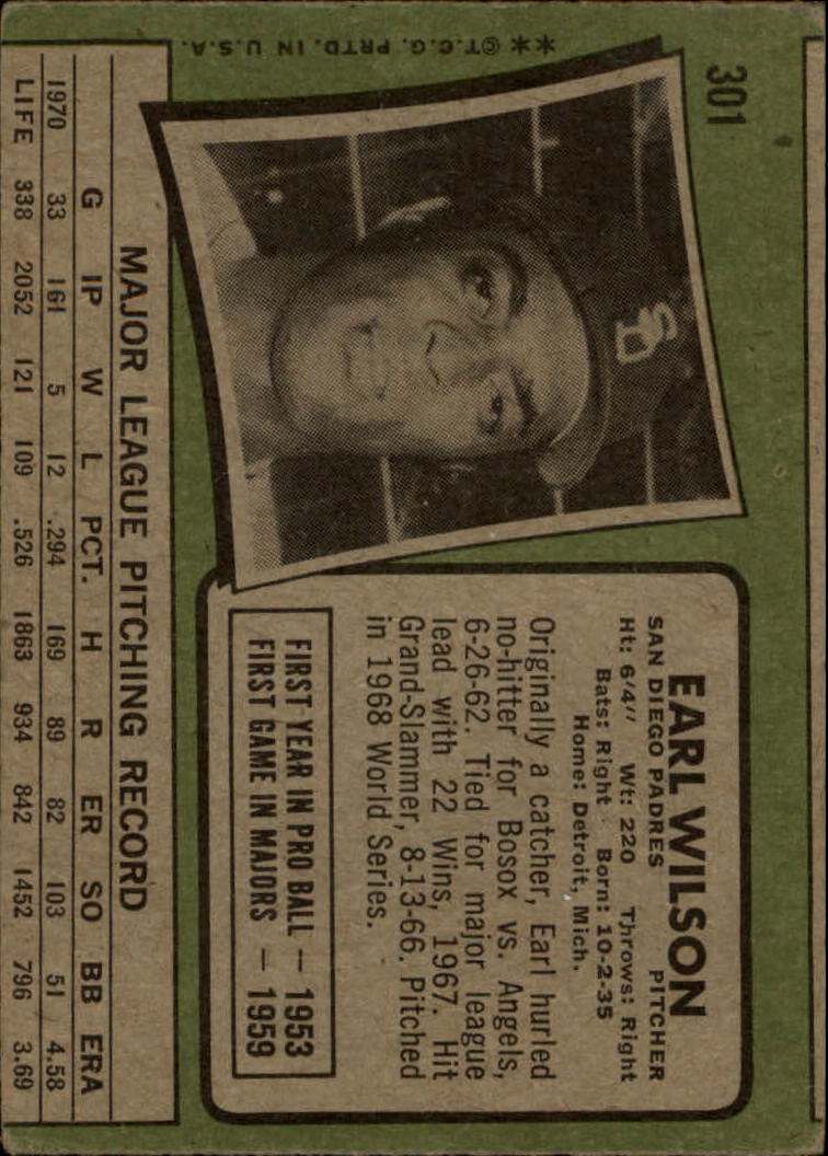 1971 Topps #301 Earl Wilson back image