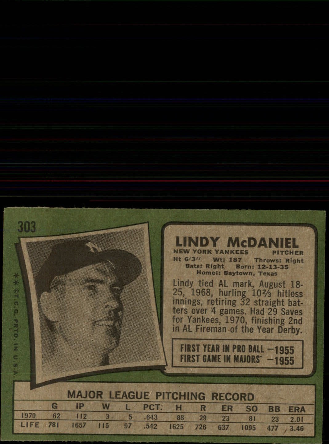 1971 Topps #303 Lindy McDaniel back image