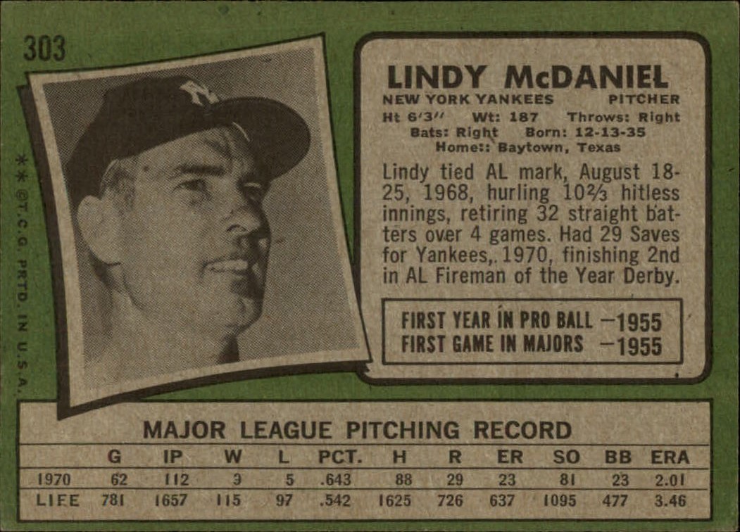 1971 Topps #303 Lindy McDaniel back image