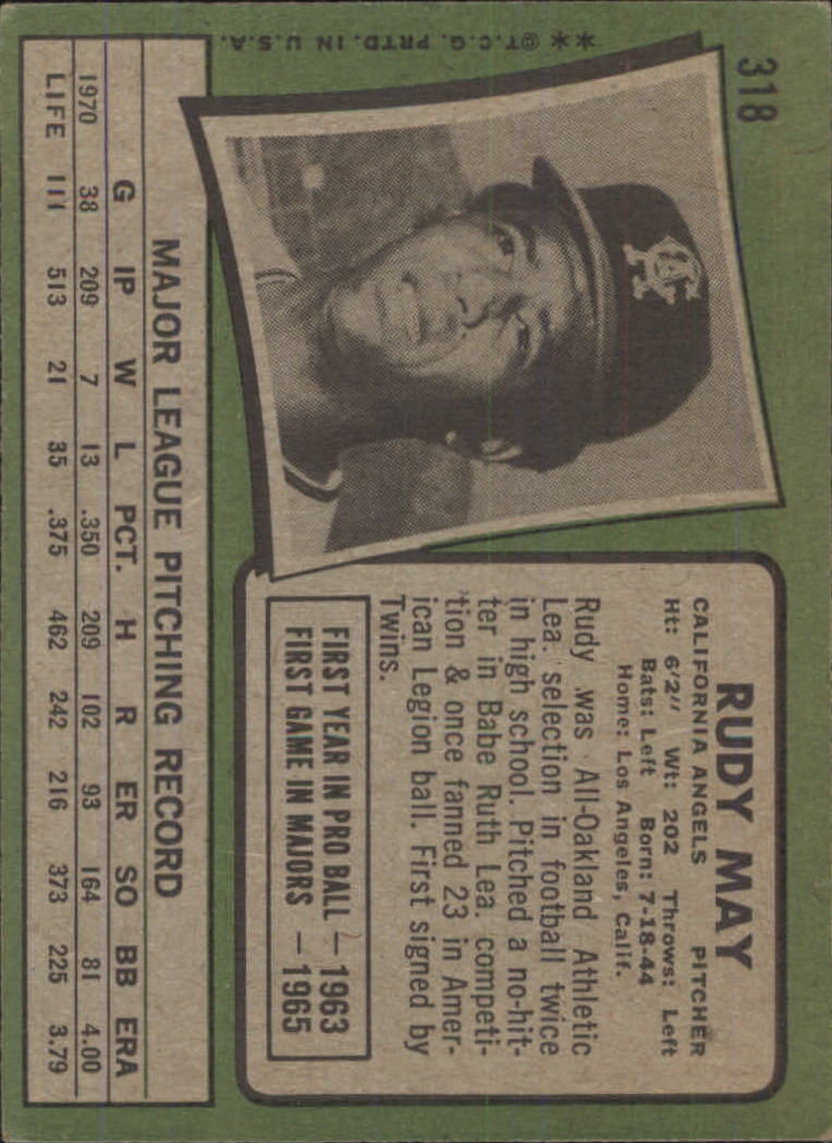 1971 Topps #318 Rudy May back image