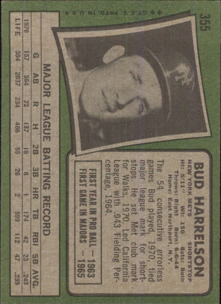 1971 Topps #355 Bud Harrelson/Nolan Ryan in photo back image