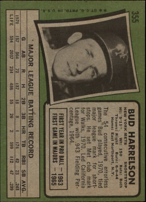 1971 Topps #355 Bud Harrelson/Nolan Ryan in photo back image