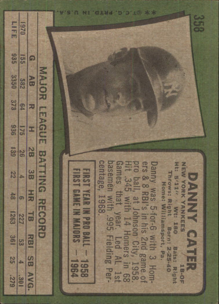 1971 Topps #358 Danny Cater back image
