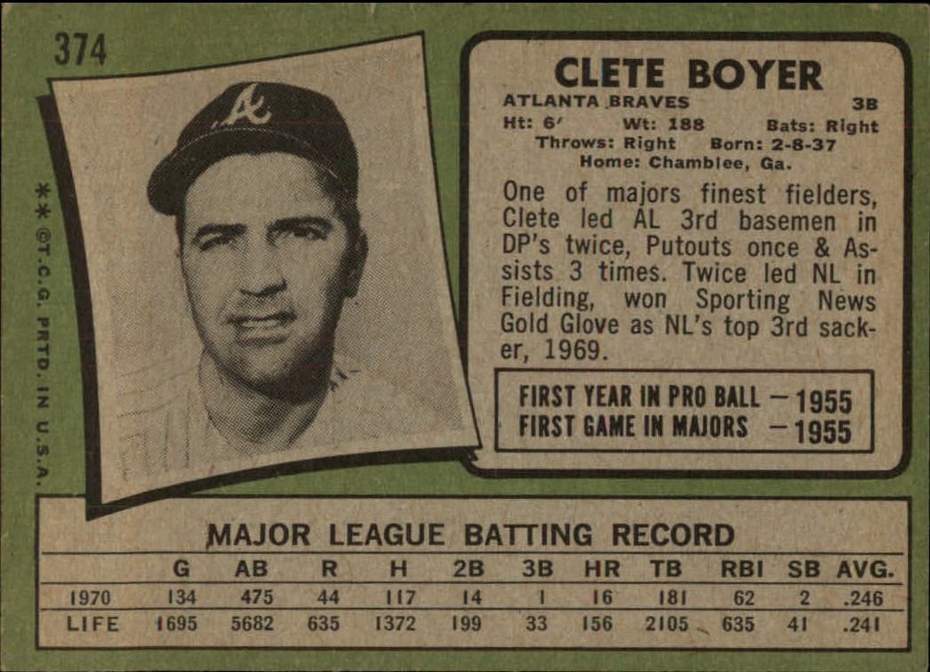 1971 Topps #374 Clete Boyer back image