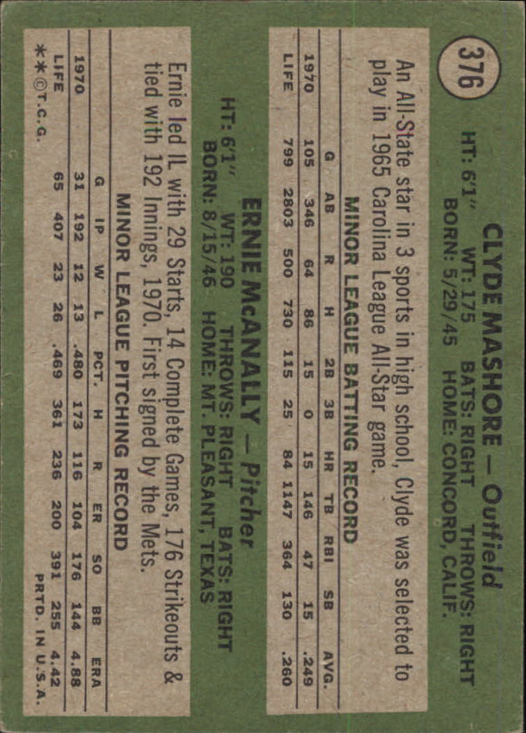 1971 Topps #376 Rookie Stars Clyde Mashore RC Ernie McAnally RC - GOOD