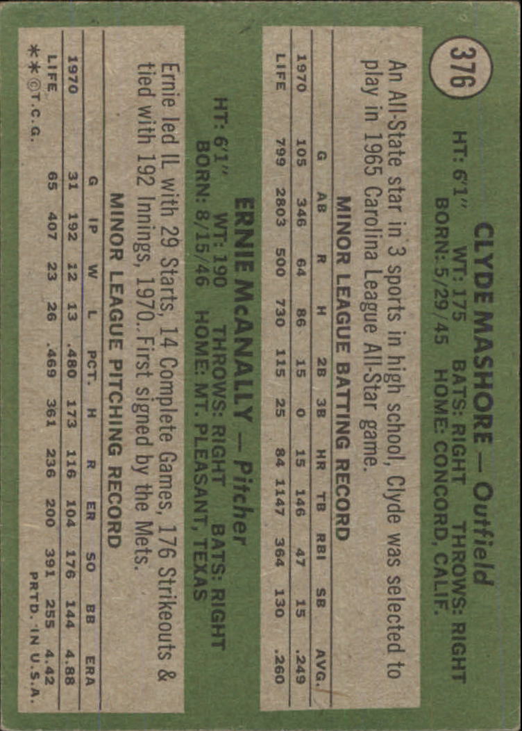 1971 Topps #376 Rookie Stars Clyde Mashore RC Ernie McAnally RC - VG