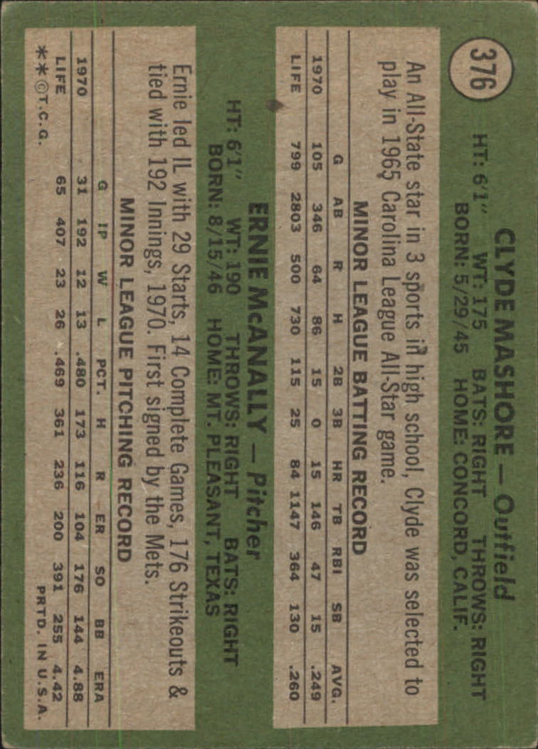 1971 Topps #376 Rookie Stars Clyde Mashore RC Ernie McAnally RC - EX