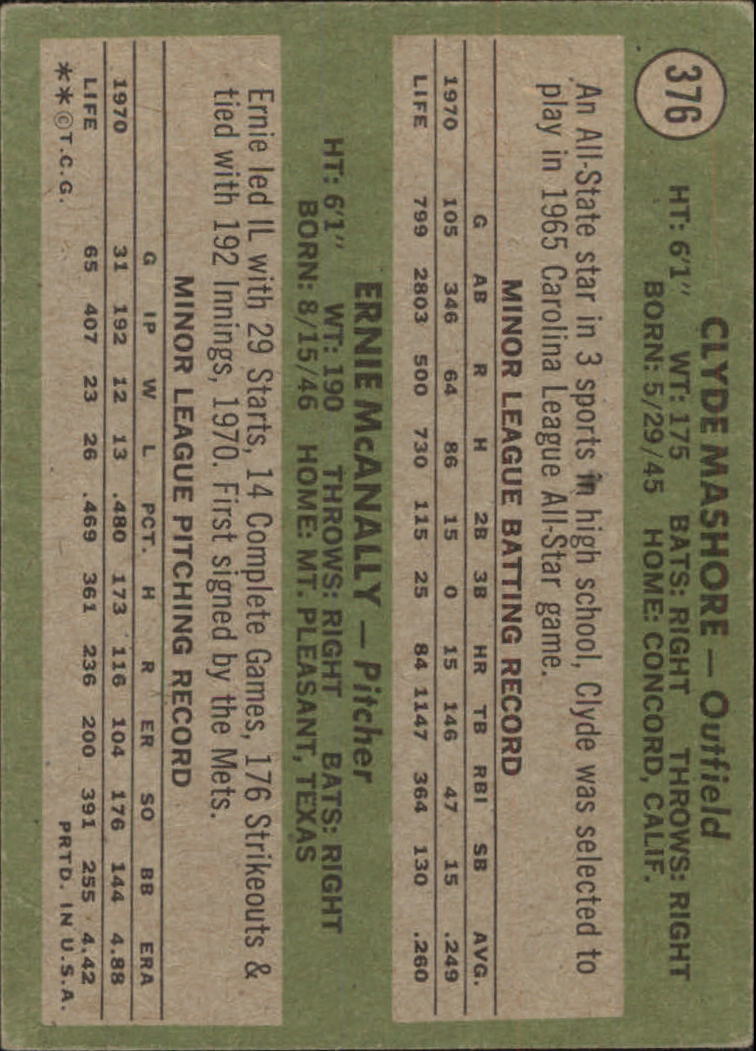 1971 Topps #376 Rookie Stars Clyde Mashore RC Ernie McAnally RC - VG-EX