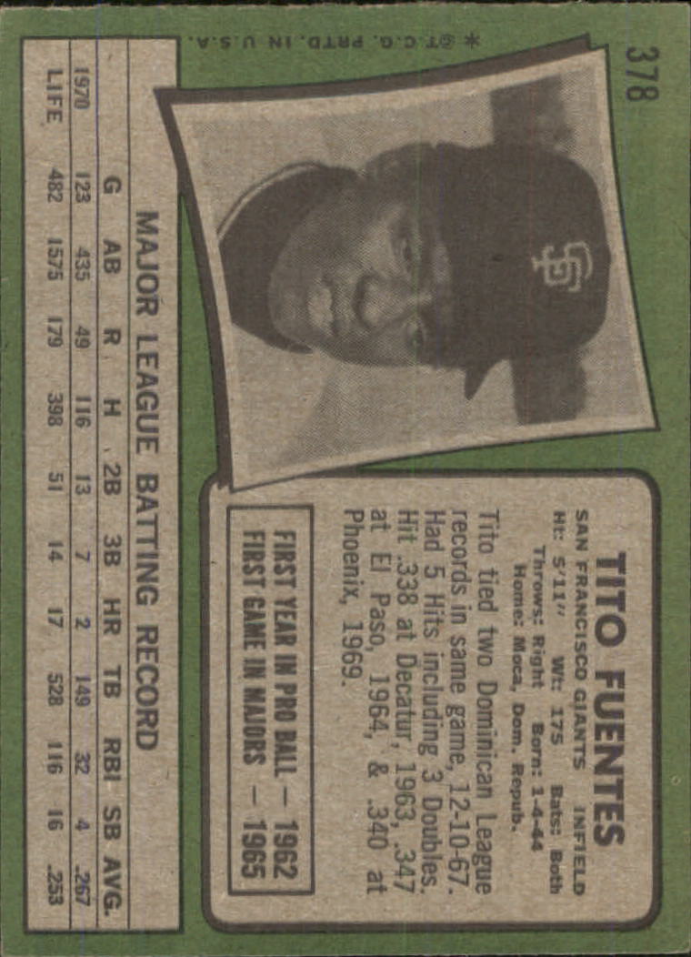 1971 Topps #378 Tito Fuentes - VG