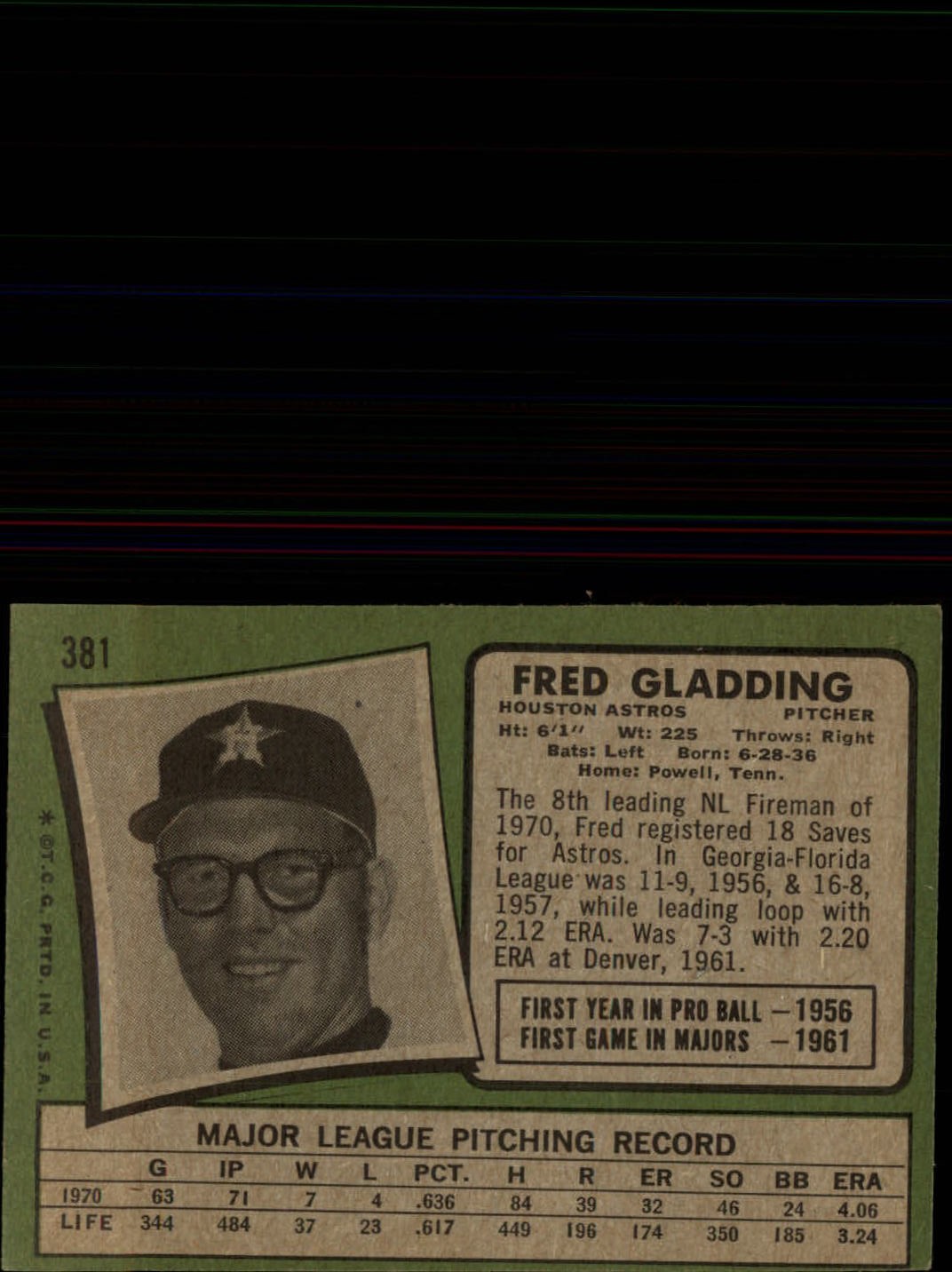 1971 Topps #381 Fred Gladding back image