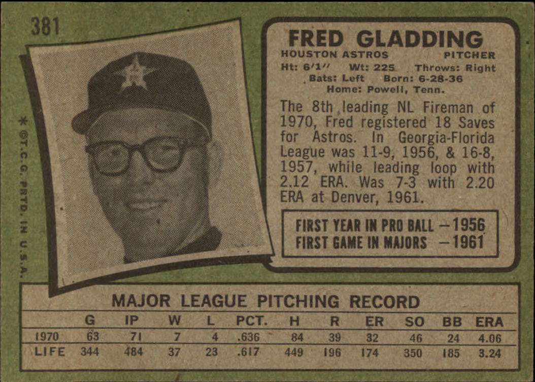 1971 Topps #381 Fred Gladding back image